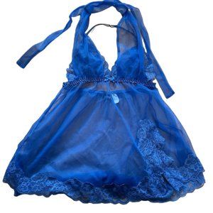 Fredricks Of Hollywood Blue Lace Floral Sheer Halter Night Dress Lingerie M